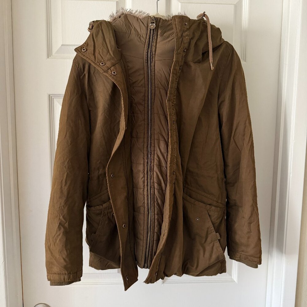 Pull & Bear Brown Hooded Parka Jacket S Faux Fur
